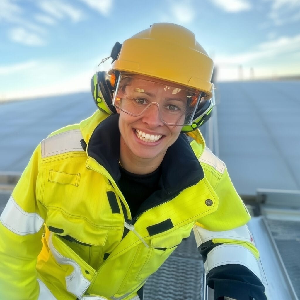 Leende arbetare i skyddsutrustning på byggarbetsplats