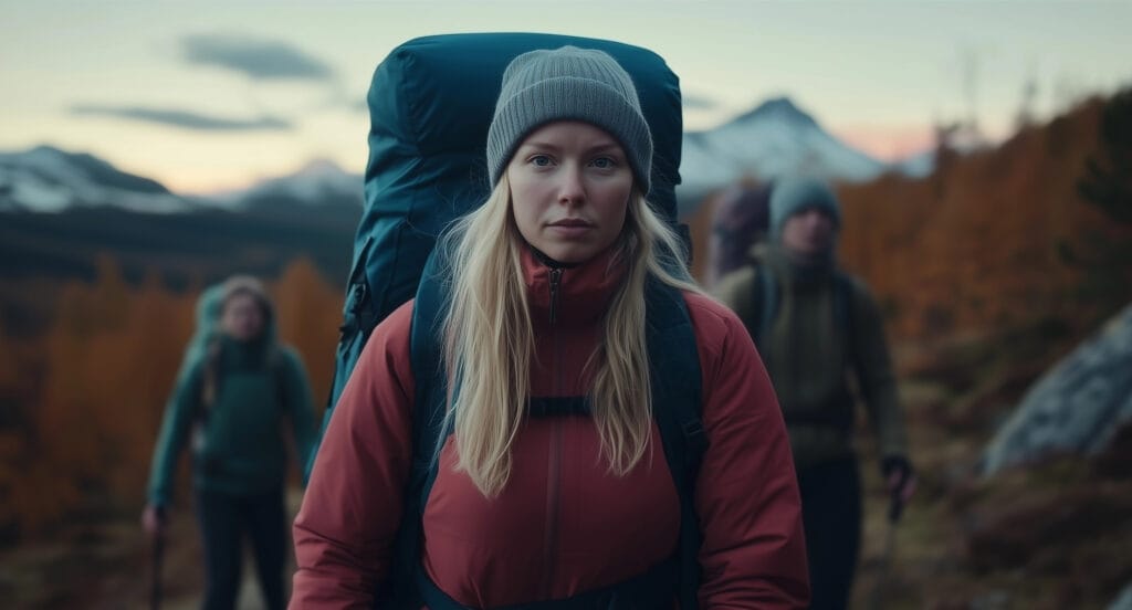 Vandrare i höstlandskap med ryggsäckar