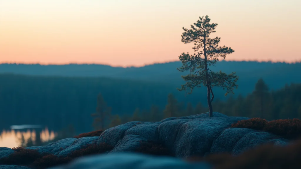 En ensam tall på klippa vid solnedgång.